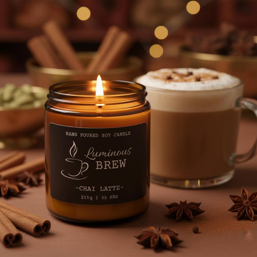 Chai Latte candle with subtle spice background